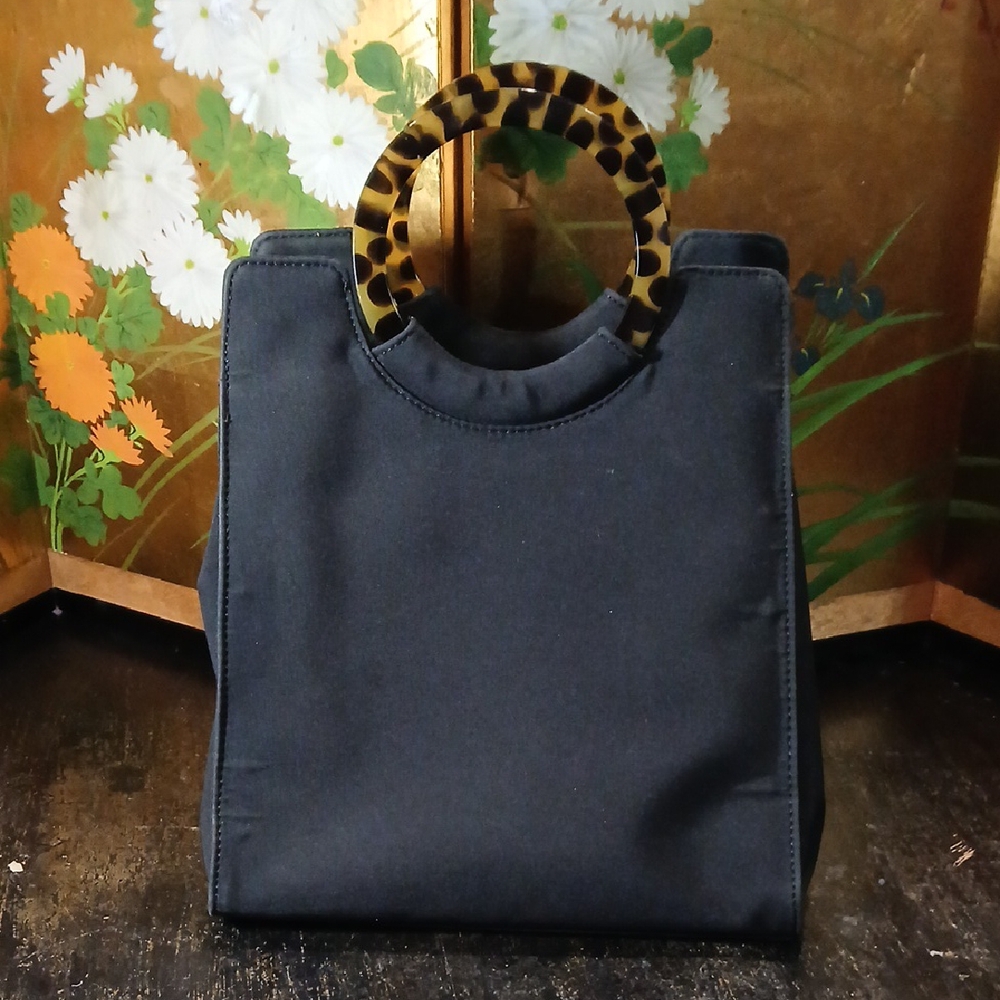 👜 Vintage Black Tote Bag Resin Tortoiseshell Handles Diahann Carroll 60s